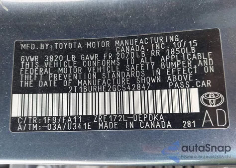 2016 Toyota Corolla L from USA, damaged, VIN 2T1BURHE2GC542847